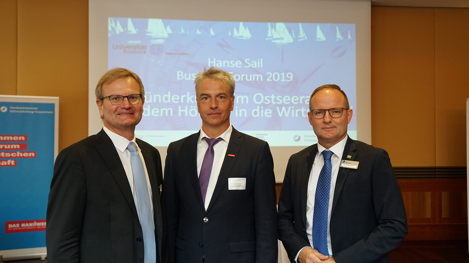 Jens Rademacher (Hauptgeschäftsführer IHK Rostock), Jens-Uwe Hopf (Hauptgeschäftsführer HWK OMV), Ulf Mauderer (Unternehmerverband)