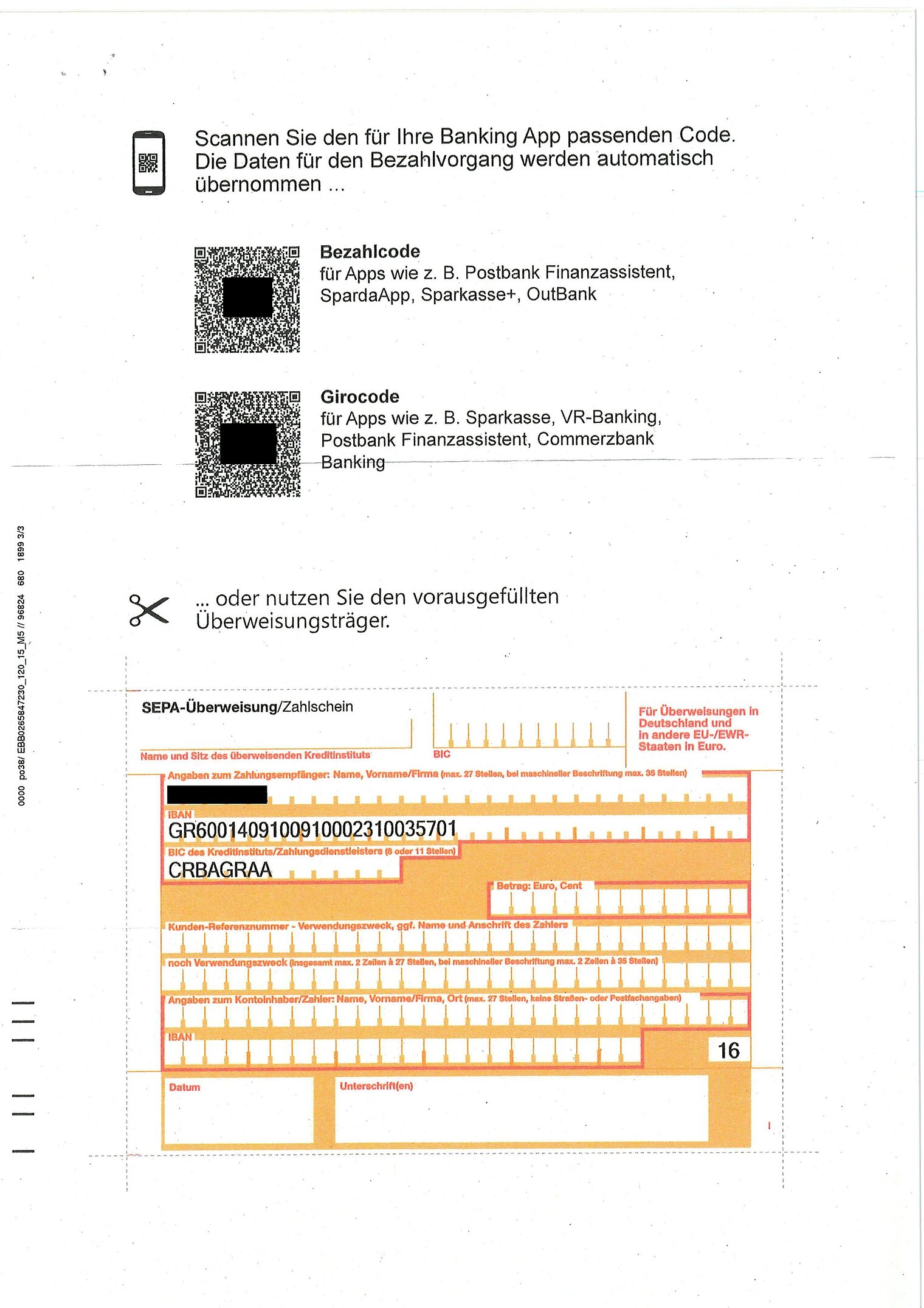 Betrugsschreiben - Anlage "Überweisungsschein"